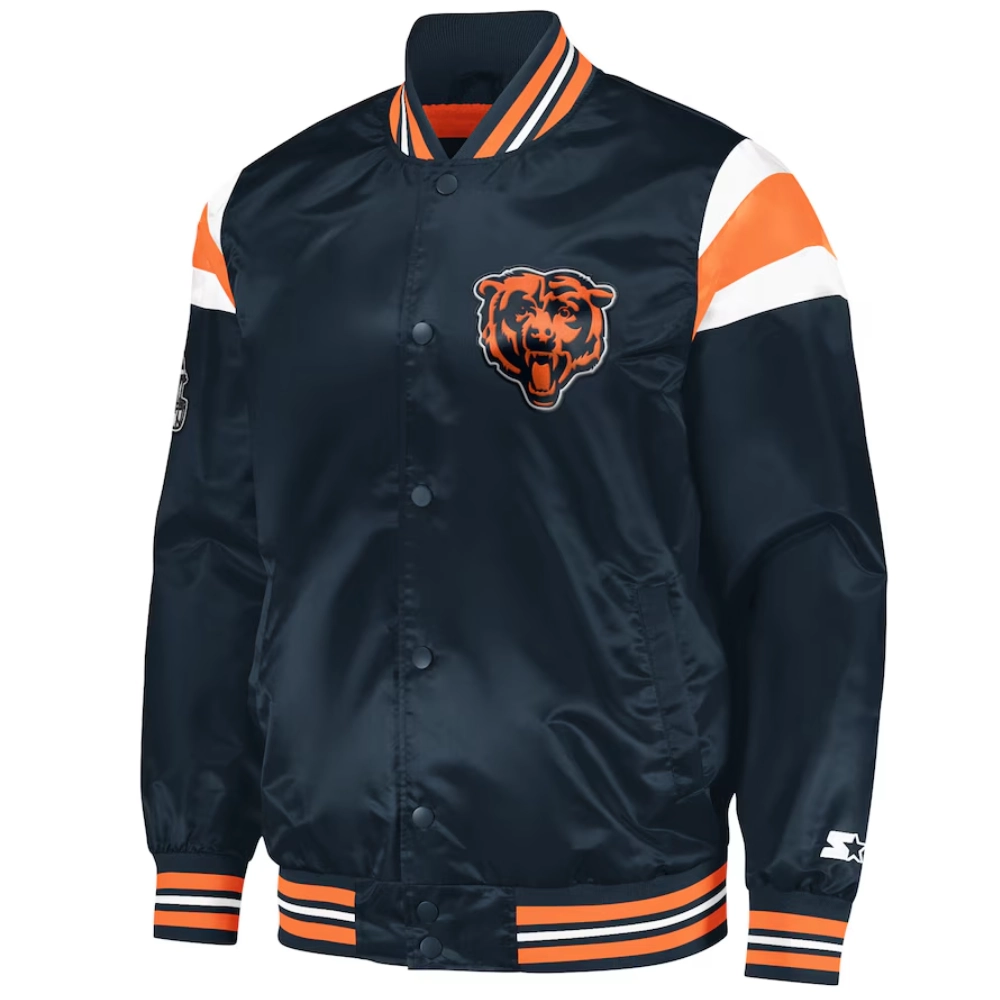 Chicago bears full snap satin varsity jacket navy 1