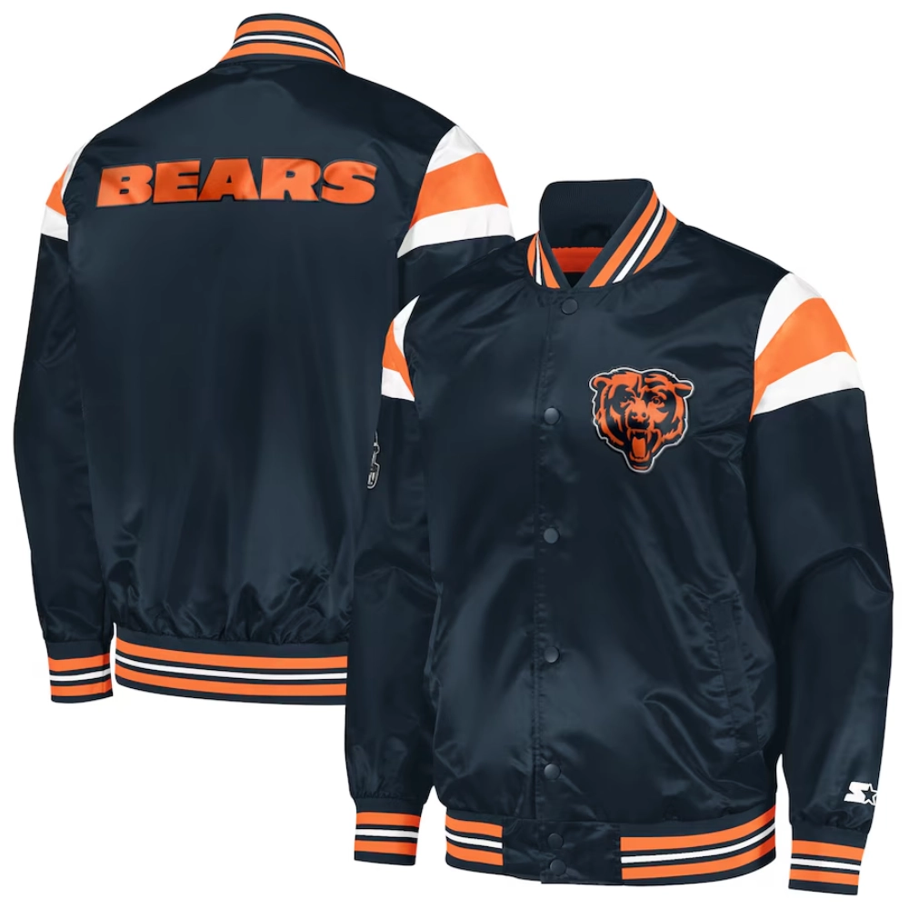 Chicago bears full snap satin varsity jacket navy 2