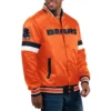 Chicago bears home game full snap satin varsity jacket orange 1
