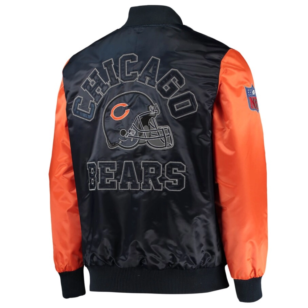 Chicago bears locker room throwback satin varsity jacket navy orange 1