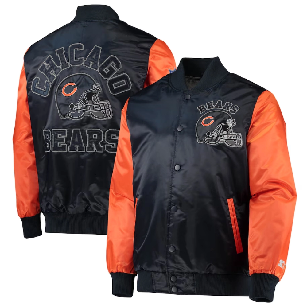 Chicago bears locker room throwback satin varsity jacket navy orange 3