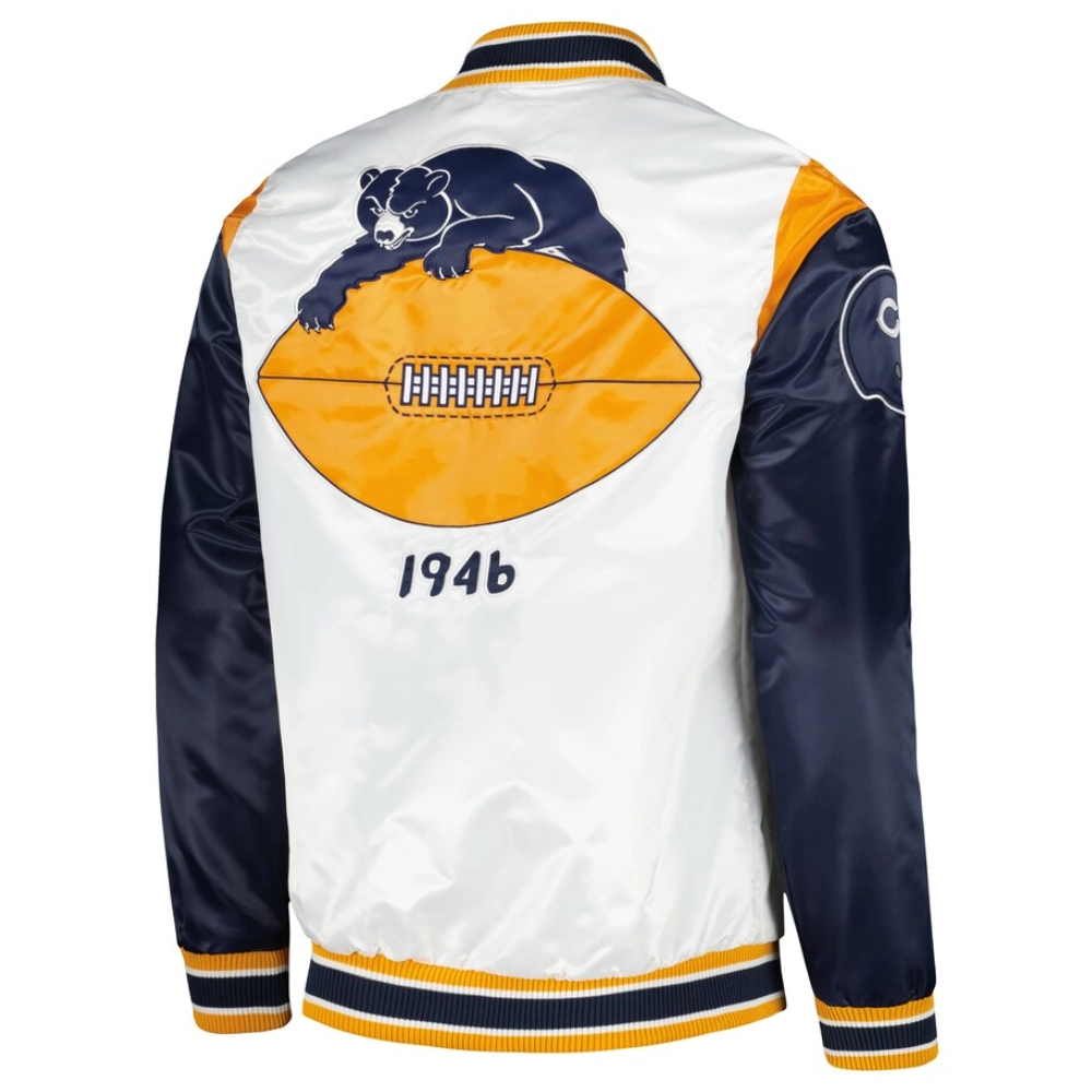 Chicago bears pitch full snap satin varsity jacket white black 1