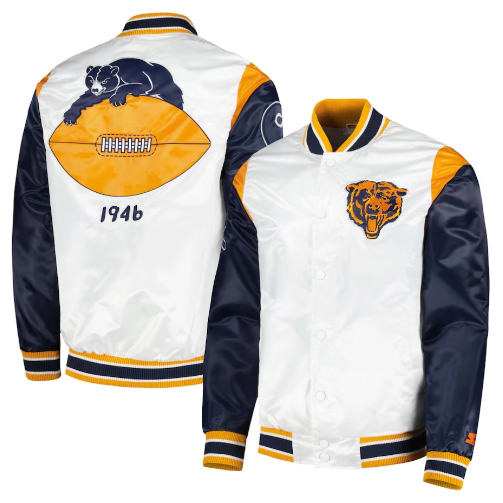 Chicago bears pitch full snap satin varsity jacket white black 3