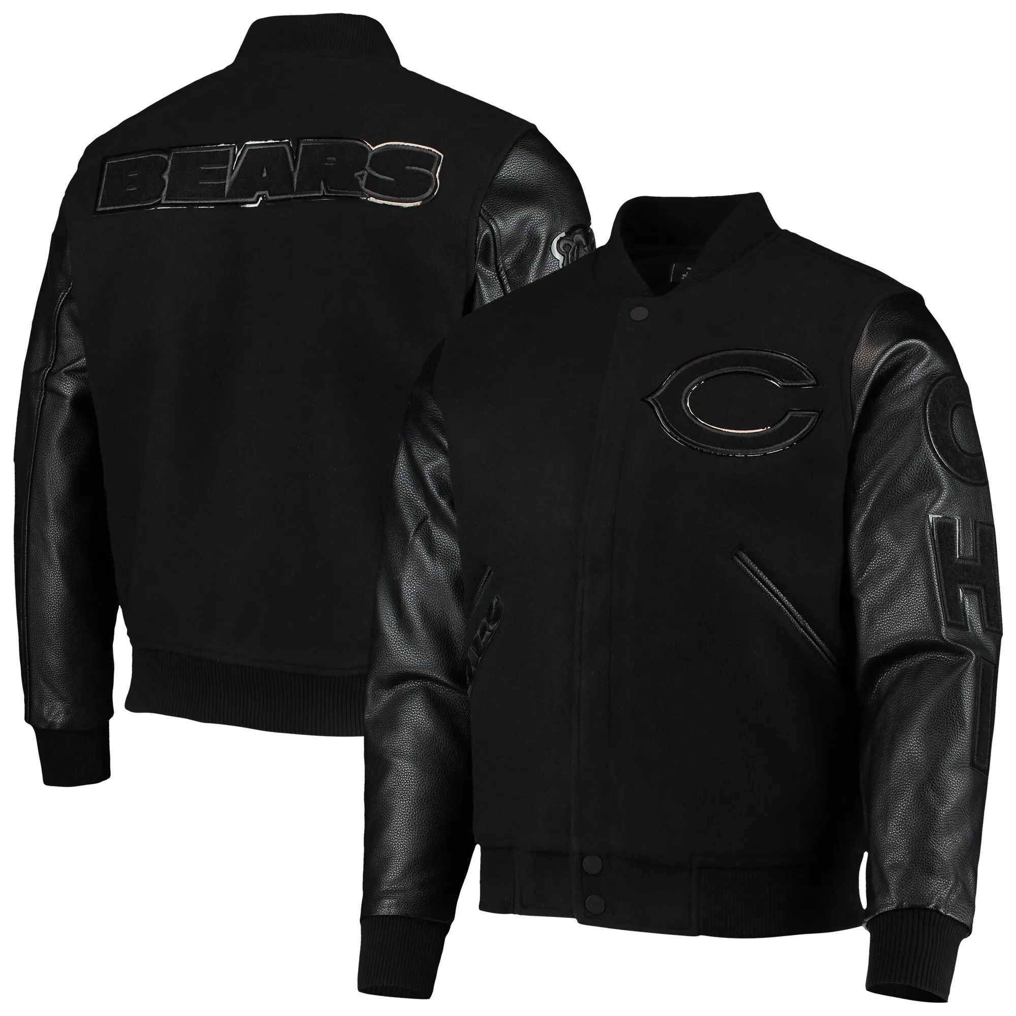 Chicago bears pro standard triple black wool and leather varsity jacket 4