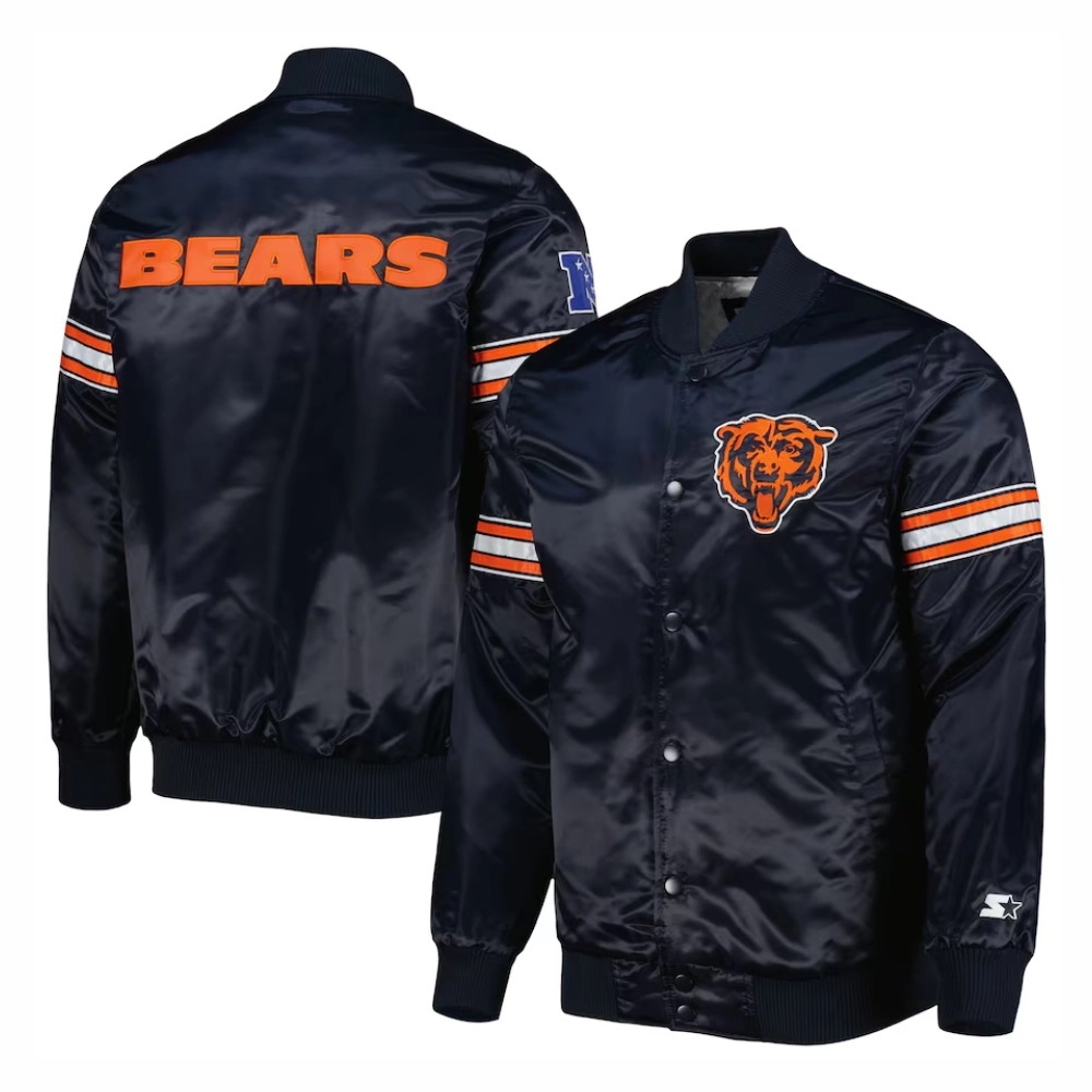 Chicago bears starter pick and roll full snap satin varsity jacket navy 1