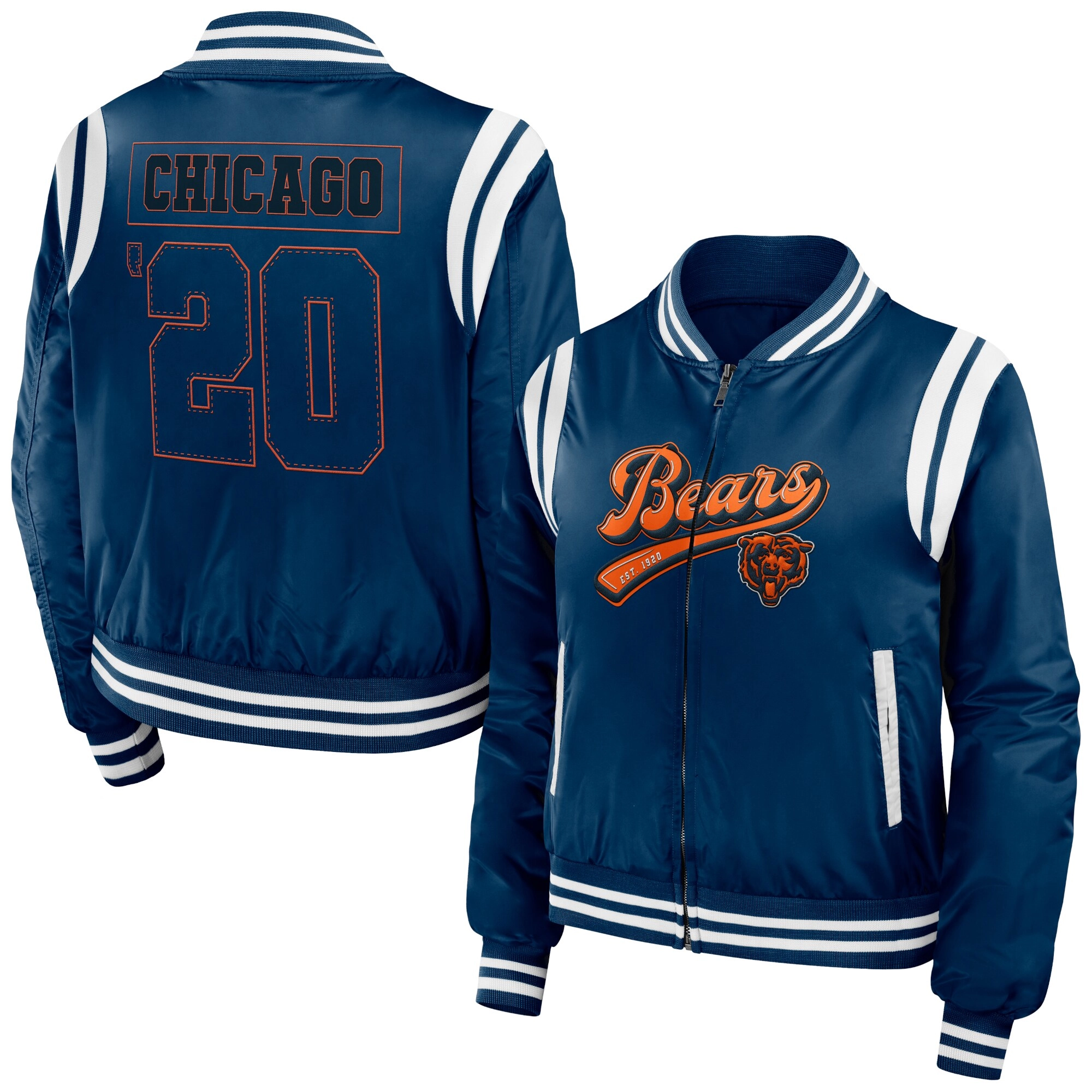 Chicago bears womens full zip bomber varsity jacket navy 1
