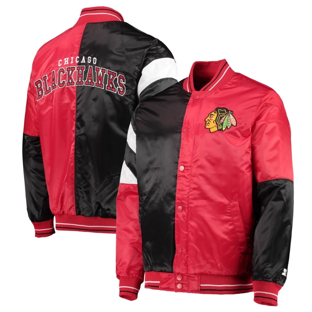 Chicago blackhawks leader satin varsity jacket black red 3