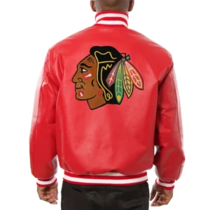 Chicago blackhawks rib knitted red leather varsity jacket 1 2