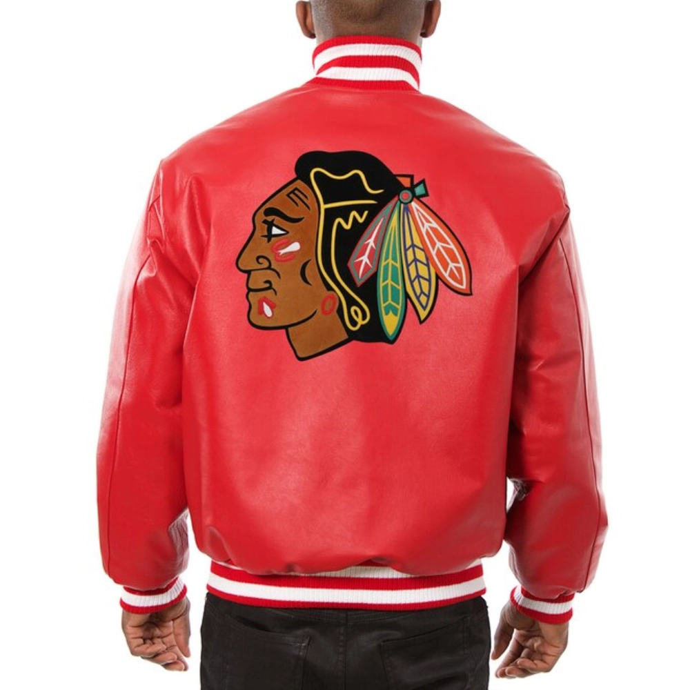 Chicago blackhawks rib knitted red leather varsity jacket 1 2
