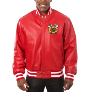 Chicago blackhawks rib knitted red leather varsity jacket 1