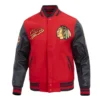 Chicago blackhawks script tail wool and leather varsity jacket black red 1