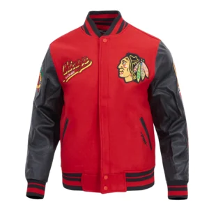 Chicago blackhawks script tail wool and leather varsity jacket black red 1