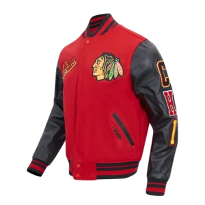 Chicago blackhawks script tail wool and leather varsity jacket black red 2