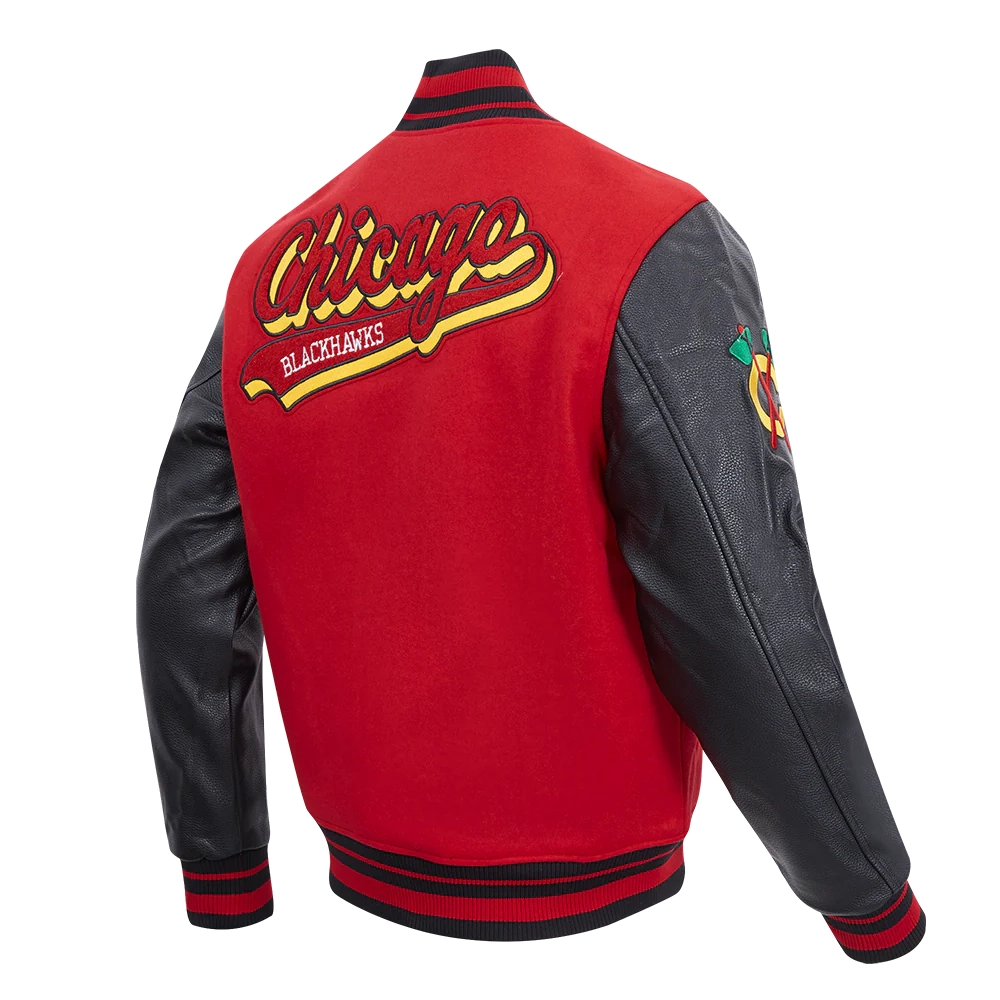 Chicago blackhawks script tail wool and leather varsity jacket black red 3