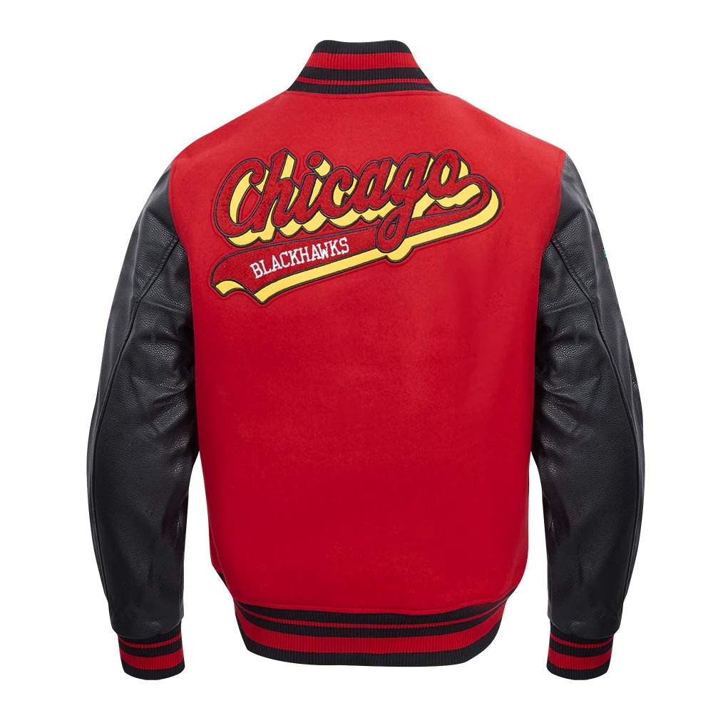Chicago blackhawks script tail wool and leather varsity jacket black red 4