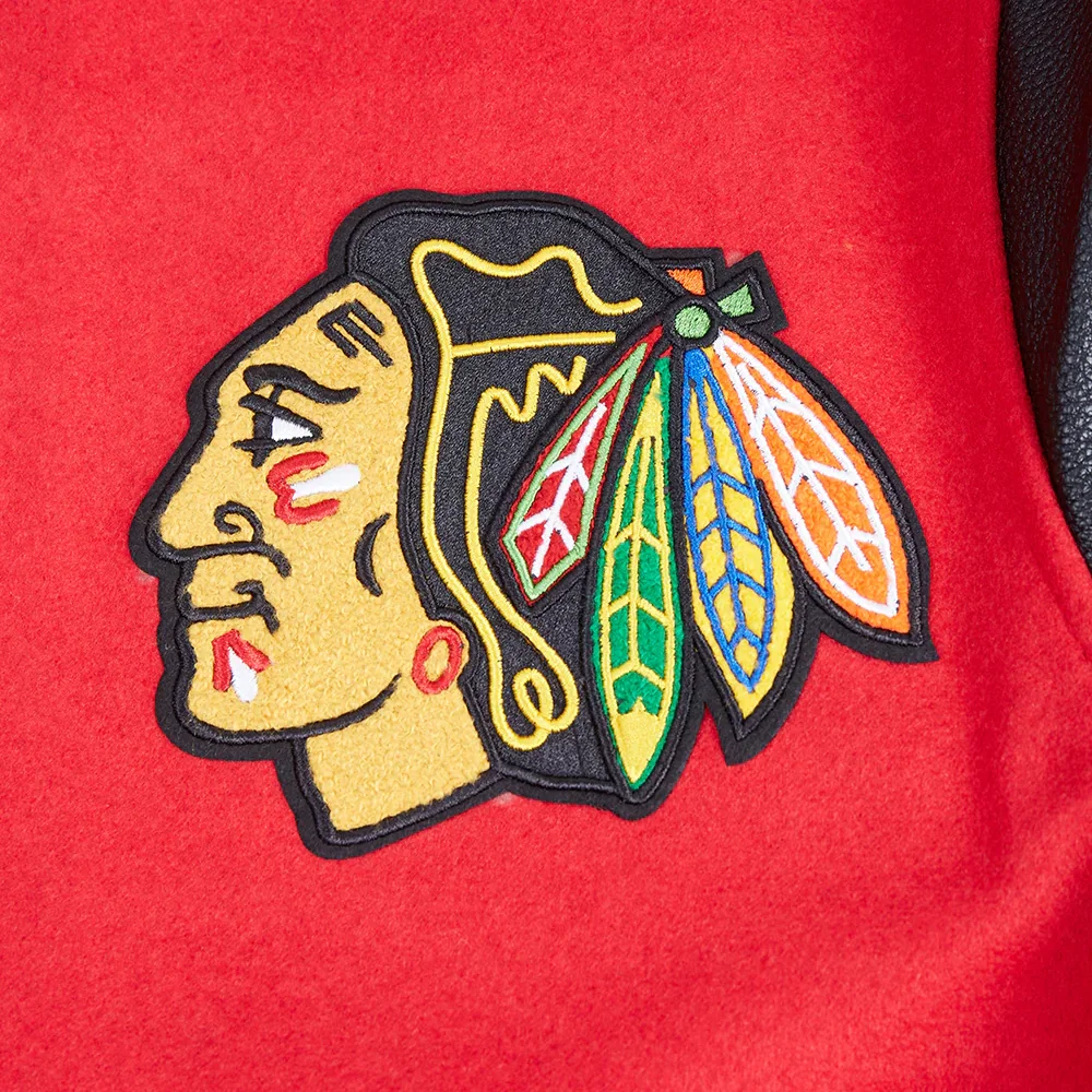 Chicago blackhawks script tail wool and leather varsity jacket black red 5