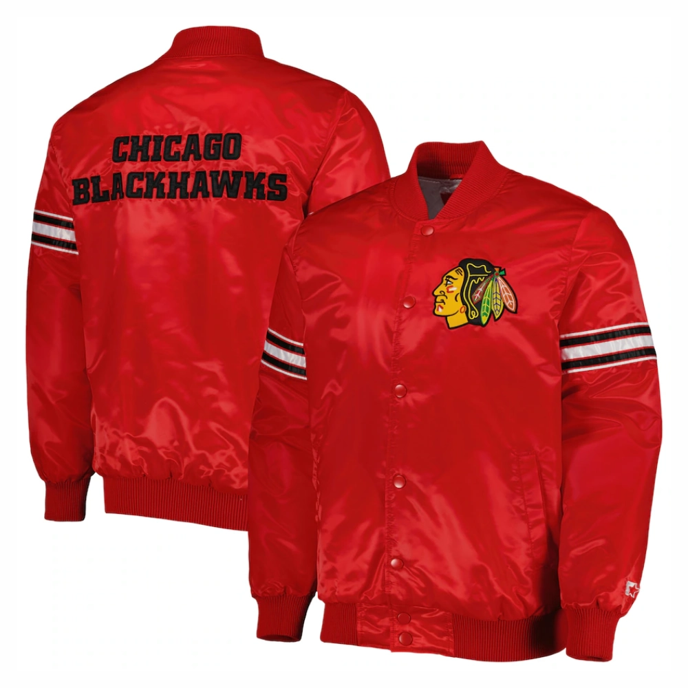 Chicago blackhawks starter pick and roll full snap satin varsity jacket red 1