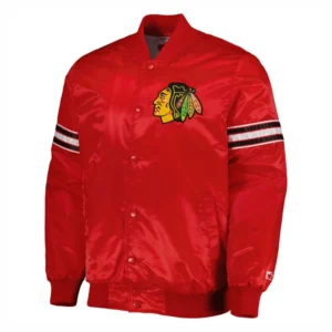Chicago blackhawks starter pick and roll full snap satin varsity jacket red 2