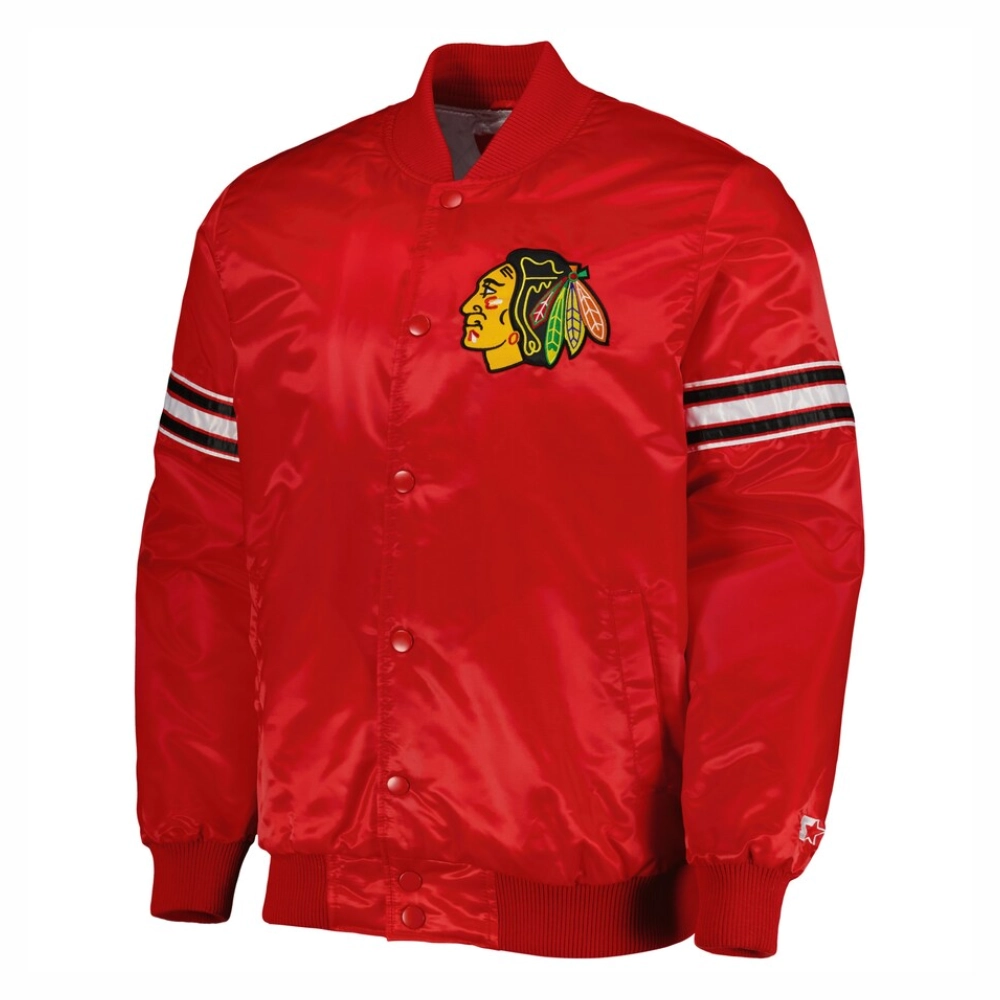 Chicago blackhawks starter pick and roll full snap satin varsity jacket red 2
