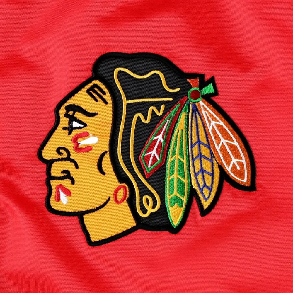 Chicago blackhawks starter pick and roll full snap satin varsity jacket red 4