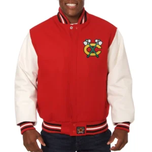 Chicago blackhawks two tone wool leather varsity jacket red white 1