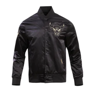 Chicago bulls black gold full snap satin varsity jacket black 1