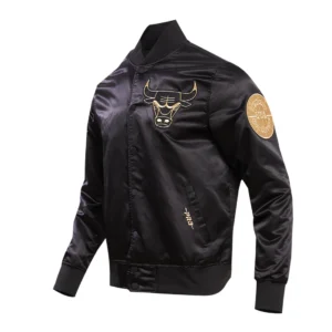 Chicago bulls black gold full snap satin varsity jacket black 2