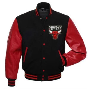 Chicago bulls letterman wool leather varsity jacket blackred 1 1