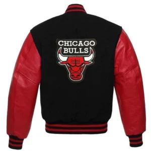 Chicago bulls letterman wool leather varsity jacket blackred 2 1