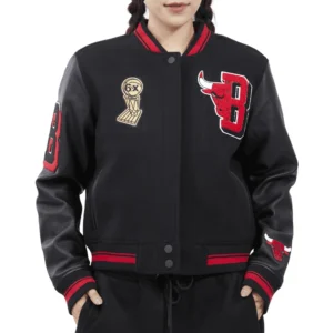 Chicago bulls mashup womens wool leather varsity black jacket black 3