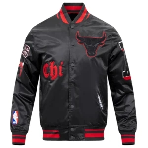 Chicago bulls old english full snap satin varsity jacket black 1 1