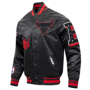 Chicago bulls old english full snap satin varsity jacket black 9 1