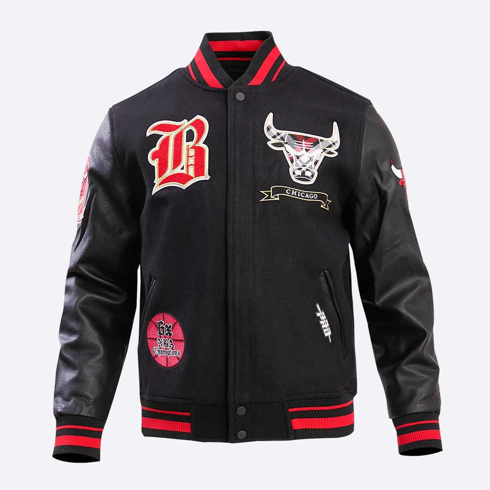 Chicago bulls pro prep black wool and leather varsity jacket 2