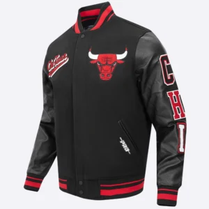 Chicago bulls pro standard script tail black wool and leather varsity jacket 1
