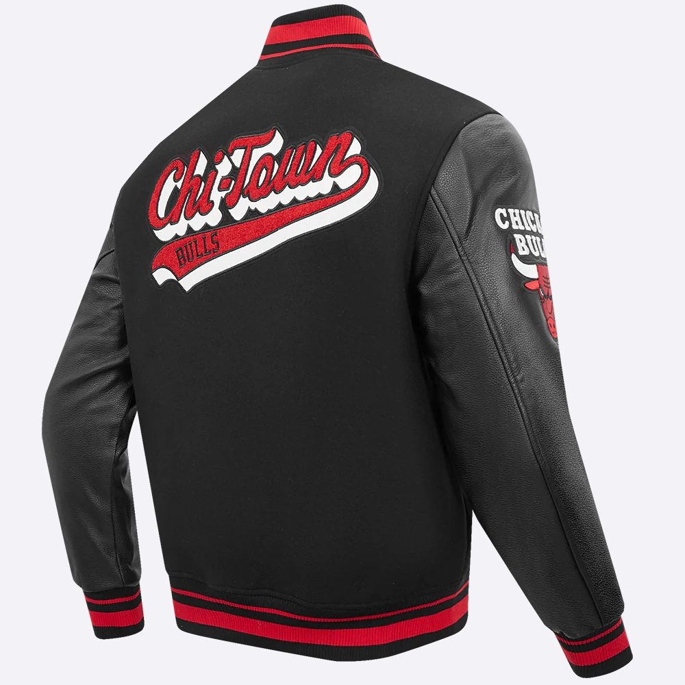 Chicago bulls pro standard script tail black wool and leather varsity jacket 3
