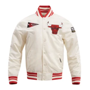 Chicago bulls retro classic full snap satin varsity jacket cream 1