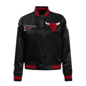 Chicago bulls retro classic womens full snap satin varsity jacket black 1