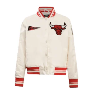 Chicago bulls retro classic womens full snap satin varsity jacket cream 1