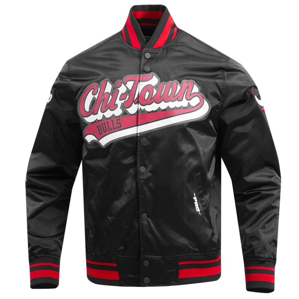 Chicago bulls script tail full snap satin varsity jacket black 6