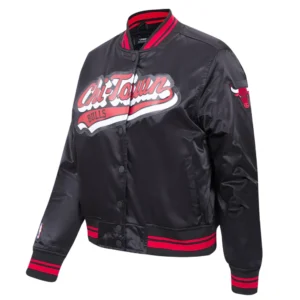 Chicago bulls script tail womens full snap satin varsity jacket black 5