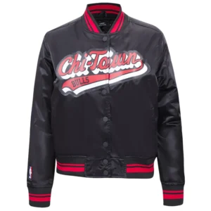 Chicago bulls script tail womens full snap satin varsity jacket black 6