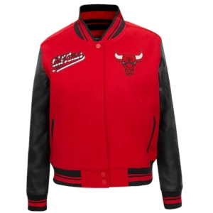 Chicago bulls script tail womens wool leather varsity jacket red black