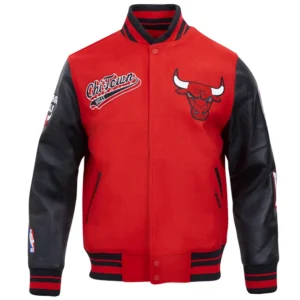 Chicago bulls script tail wool leather varsity jacket red black 7