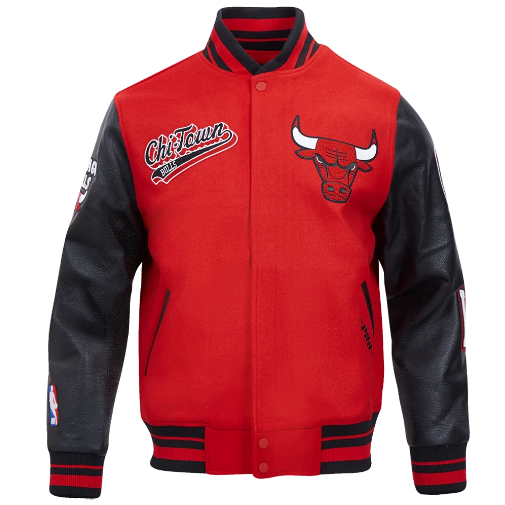 Chicago bulls script tail wool leather varsity jacket red black 7