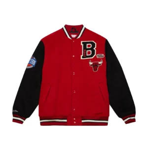 Chicago bulls team legacy full snap satin varsity jacket red black 1