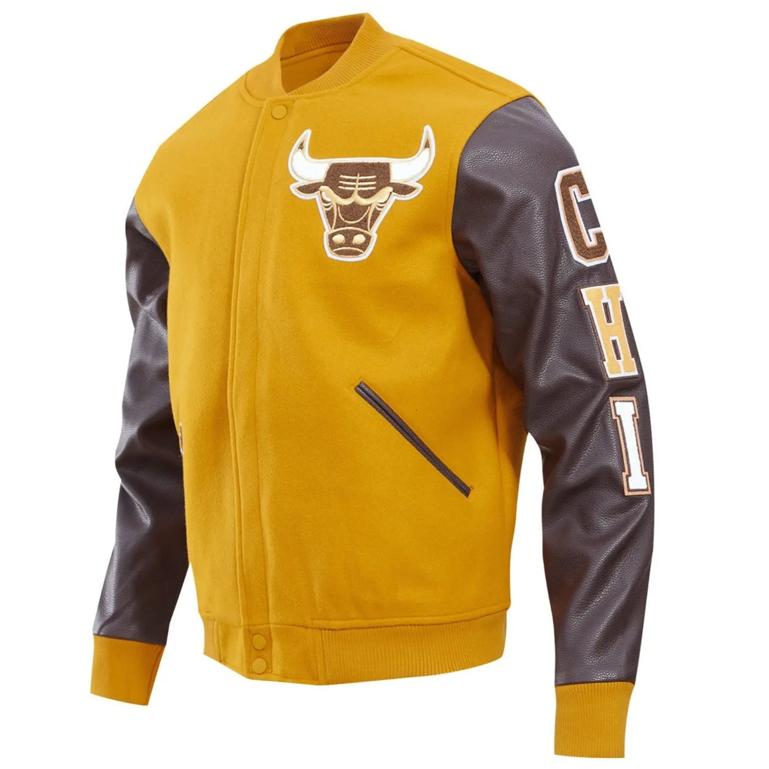 Chicago bulls wool leather varsity jacket yellow brown 1 1 1