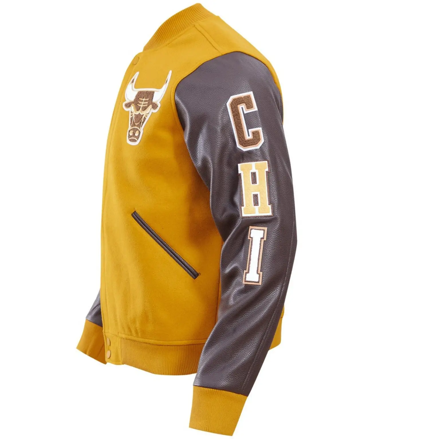 Chicago bulls wool leather varsity jacket yellow brown 2 1 1
