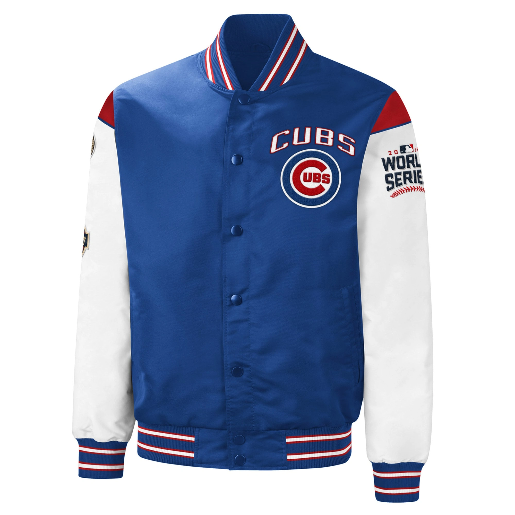 Chicago cubs 3x world series champions full snap varsity jacket blue white 1 1