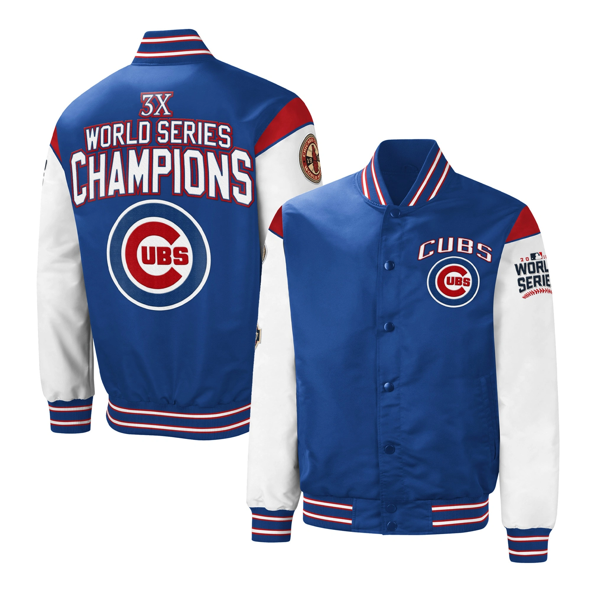 Chicago cubs 3x world series champions full snap varsity jacket blue white 1