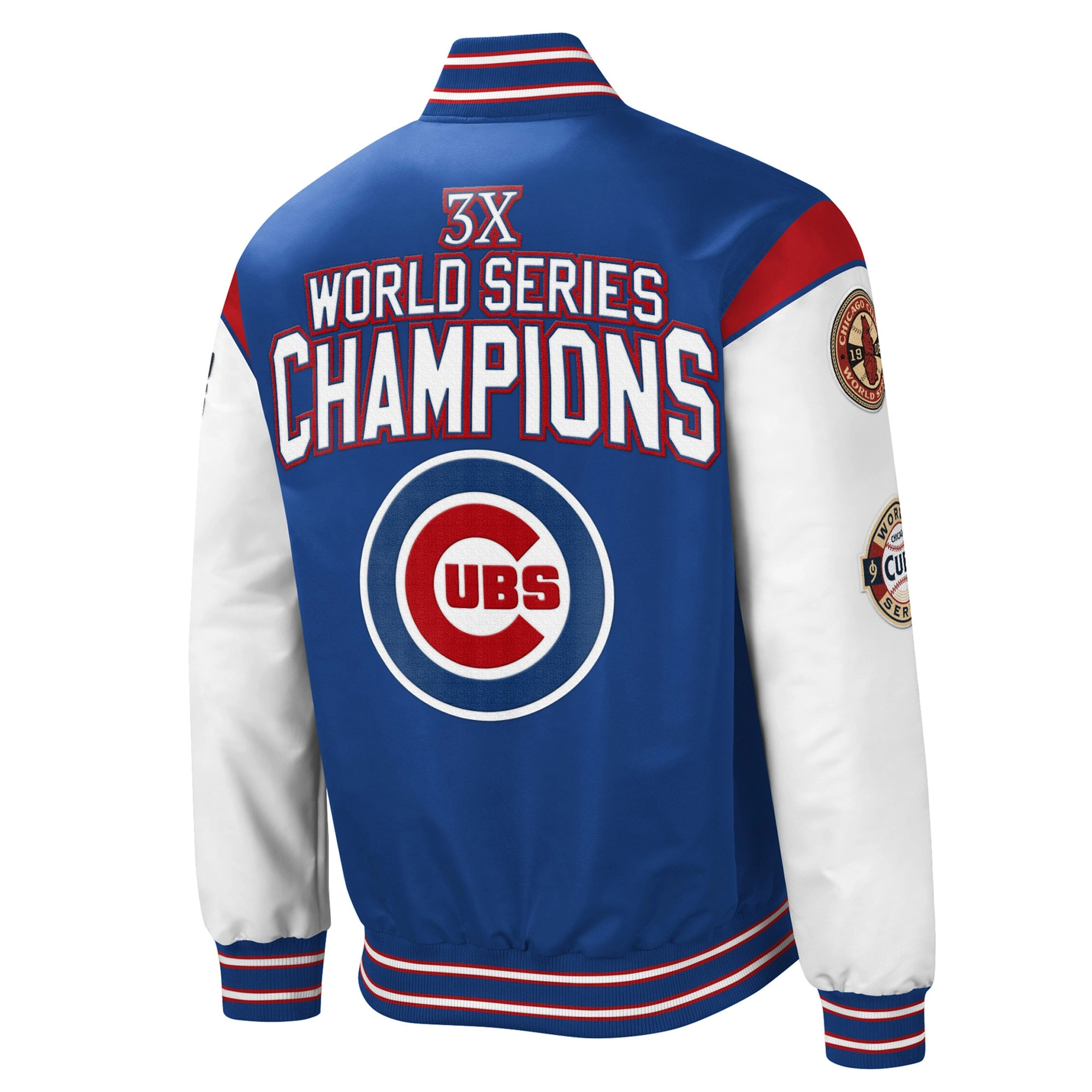Chicago cubs 3x world series champions full snap varsity jacket blue white 2 1